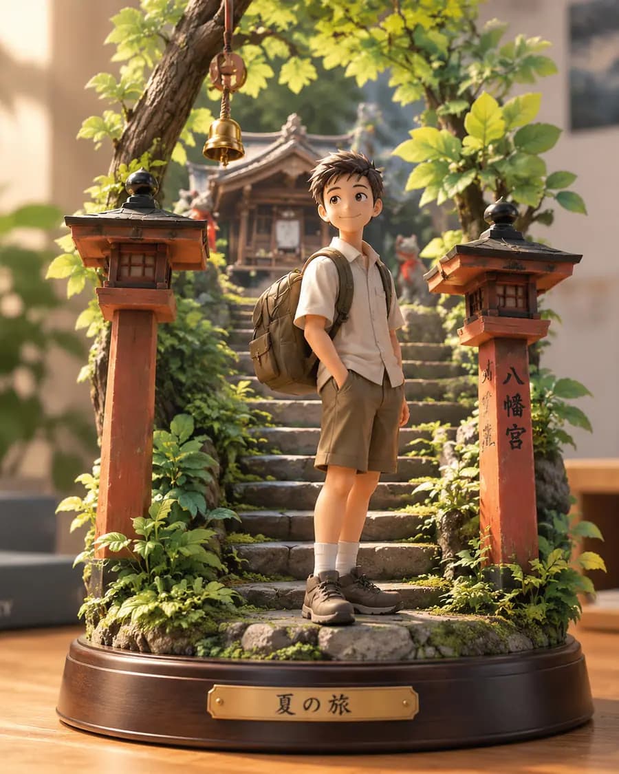Figurine style: a collectible figure of the backpack boy on a shrine-steps diorama base, sitting on a desk