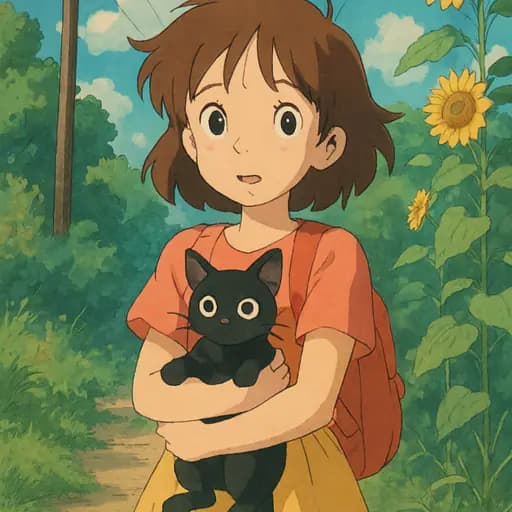 Ghibli-style illustration: a girl holding a black cat in a sunflower field