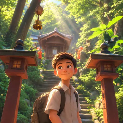 Pixar-style 3D: the smiling backpack boy at a sunlit forest shrine