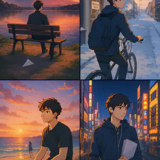 Anime-style four-panel illustration: a dusk bench, a bike ride and a neon city night