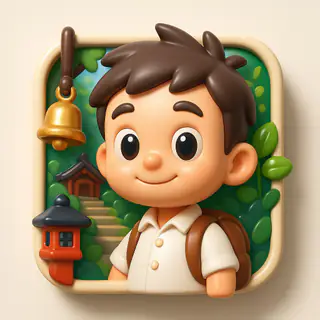 App icon style: a backpack boy with a shrine and bell on a glossy 3D icon