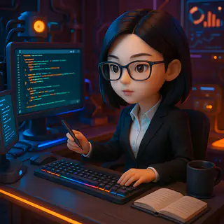 3D cartoon style: a girl with glasses coding at a neon-lit desk