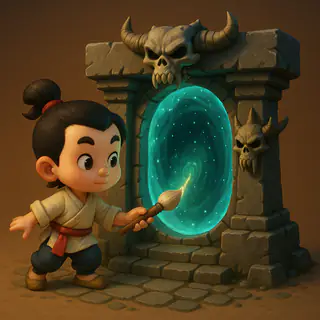 Game-style cartoon: a boy painting a glowing portal on a stone gate