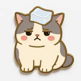 Enamel pin style: a chubby cat badge with an ice cube on its head
