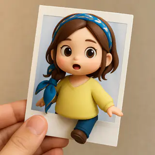 Instax style: a 3D cartoon girl stepping out of an instant photo