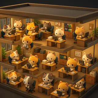 Isometric miniature scene: an office building full of cat employees