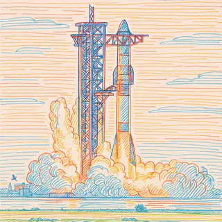 Line art style: a rocket launching beside its tower, drawn in colorful thin lines