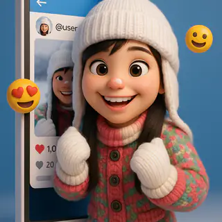 Phone screen style: a 3D cartoon girl in a knit hat popping out of a phone screen