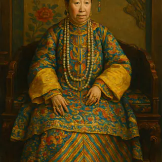 Renaissance oil painting style: a seated portrait in ornate embroidered robes