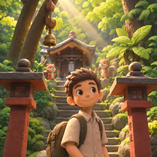 Clay style: the backpack boy and stone lanterns sculpted in clay