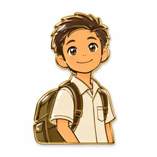 Enamel pin style: the backpack boy as a gold-rimmed pin