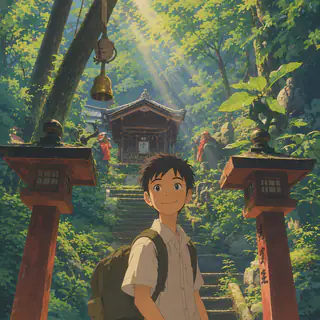 Ghibli-style animation: the backpack boy on forest shrine steps