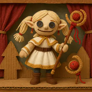 Sock puppet style: a hand-knitted blonde elf doll holding a staff