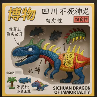 Collectible toy packaging style: a museum dragon toy with an info card